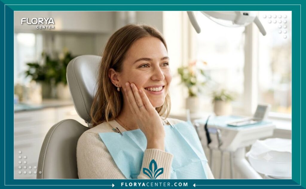 مريضة تبتسم براحة بعد العلاج بفضل تخدير الأسنان الموضعي، مما يؤكد أمان إبرة البنج العادية وتجربة العلاج بدون ألم.