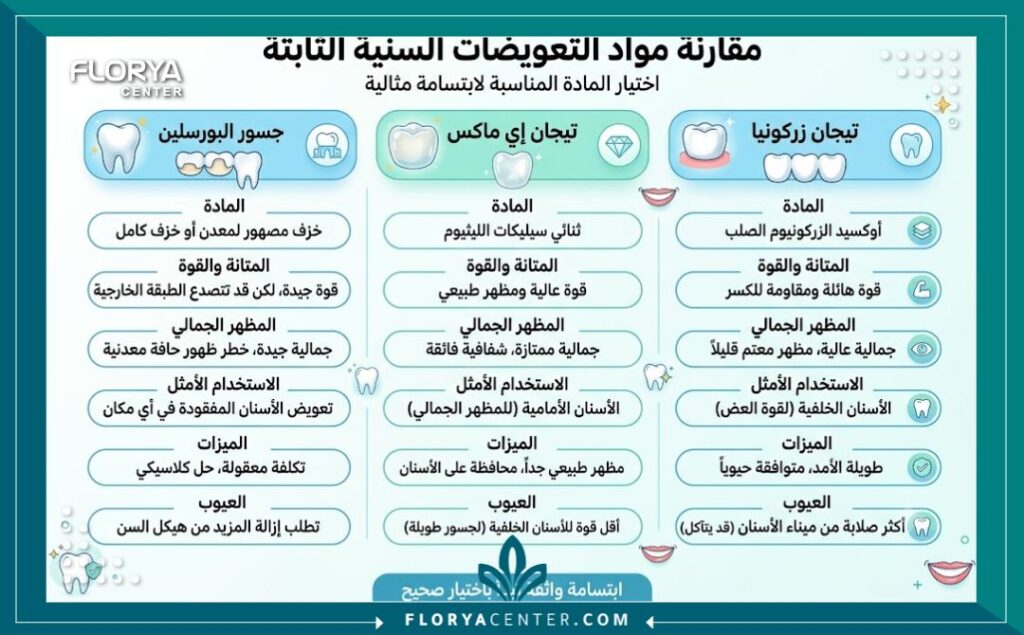 إنفوجرافيك يقارن بين أفضل أنواع تركيبات الاسنان الثابتة مثل الزيركون والإيماكس في تركيا.