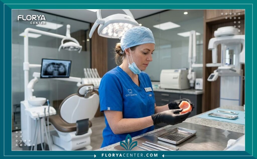 تركيبات الاسنان المتحركة 4 طبيب أسنان متخصص في عيادة حديثة يفحص جودة طقم تركيبات الاسنان المتحركة.