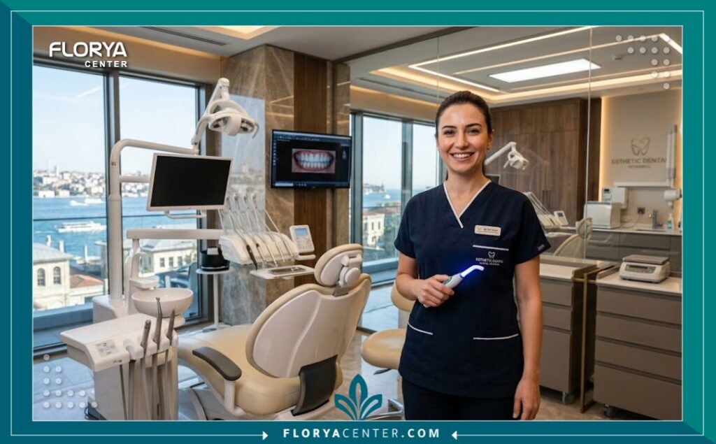 عيادة أسنان فاخرة ومجهزة بأحدث التقنيات لتقديم خدمات تجميل الأسنان وتركيب كرستالة الاسنان في تركيا.