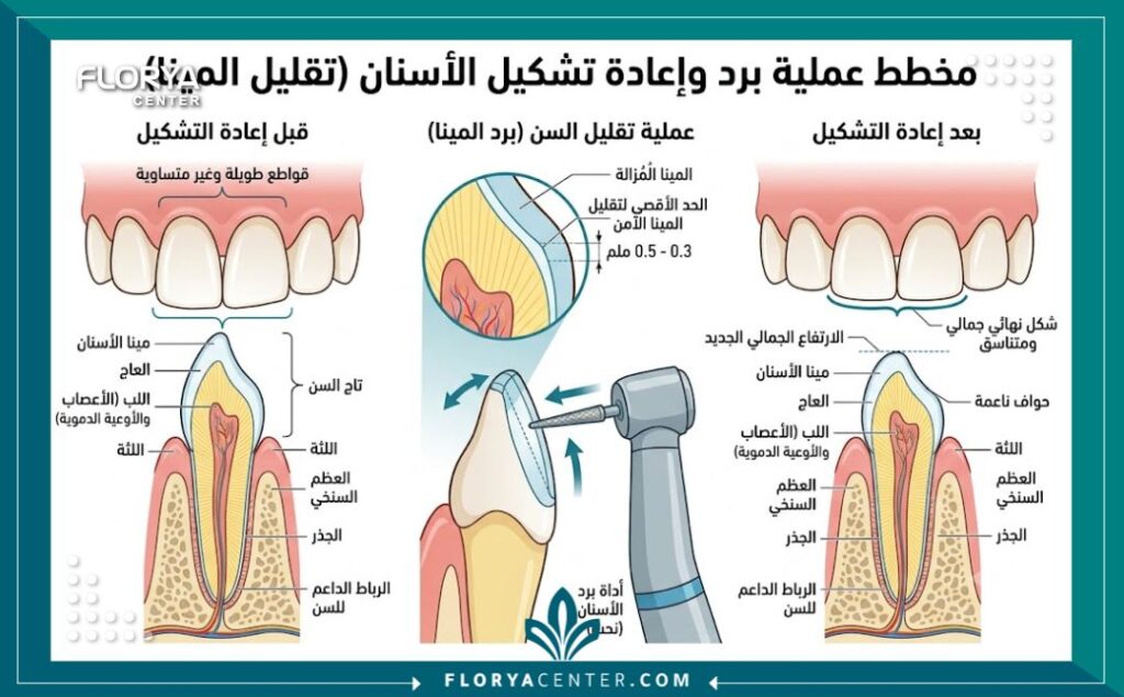 تصغير الاسنان في تركيا 2 مخطط توضيحي يبيّن آلية برد وتصغير طبقة المينا للأسنان الأرنبية الطويلة.