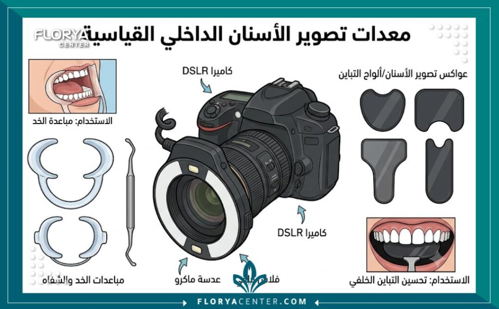 رسم توضيحي لأدوات ومعدات تصوير الأسنان الفوتوغرافي داخل الفم لتسجيل الحالة.