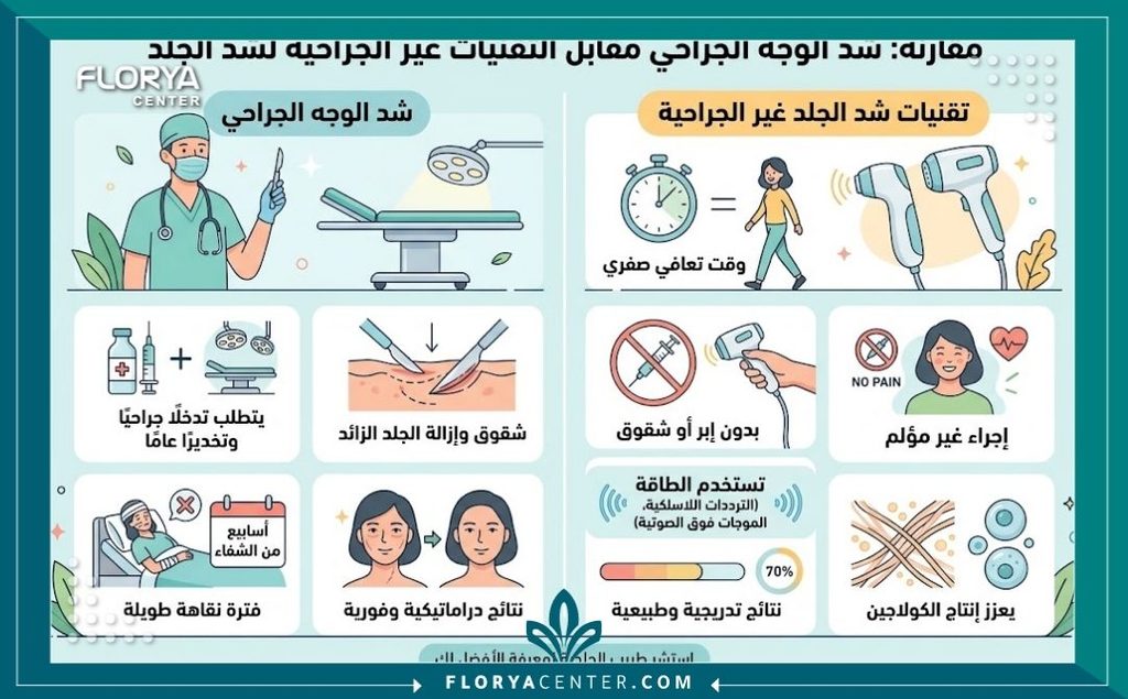 إنفوجرافيك يقارن بين العمليات الجراحية وتقنيات شد الوجه بدون جراحة مبرزاً مزايا غياب الألم وفترة النقاهة.