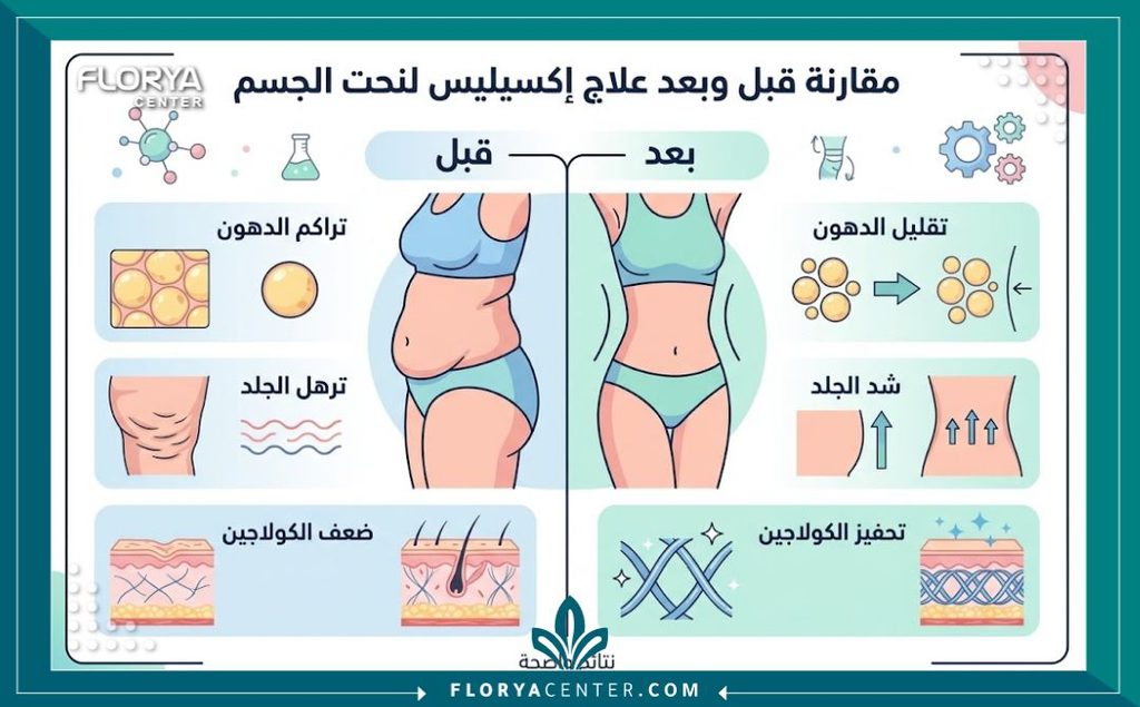 إنفوجرافيك يقارن نتائج قبل وبعد استخدام تقنية الإكزيليس لنحت الجسم وشد الترهلات وتحفيز الكولاجين.