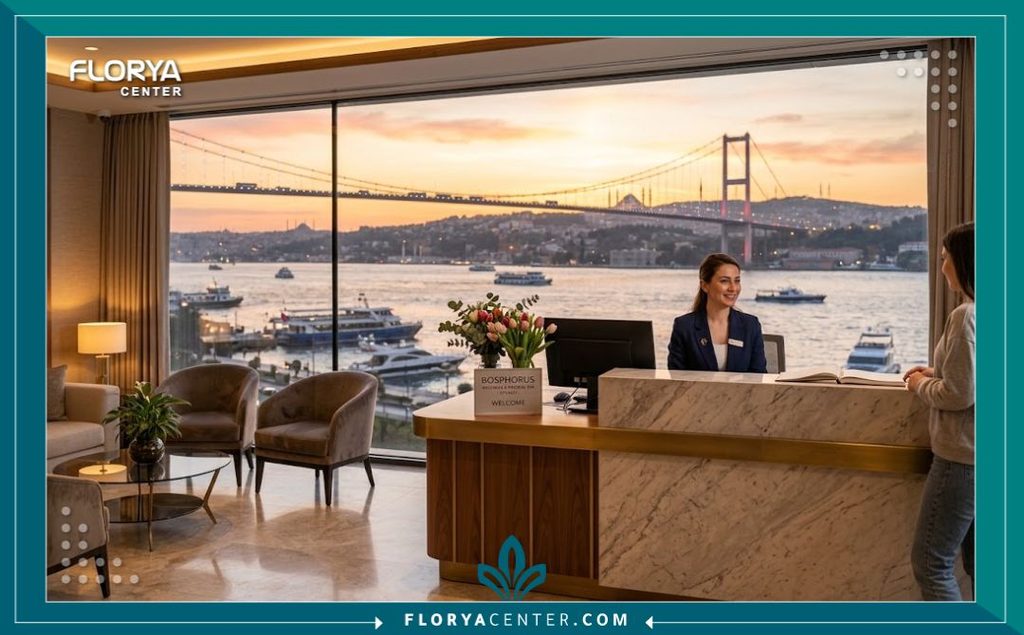 إطلالة ساحرة لمدينة إسطنبول وجسر البوسفور من نافذة مركز تجميل حديث، تعكس روعة السياحة العلاجية في تركيا لعمليات نحت الجسم.