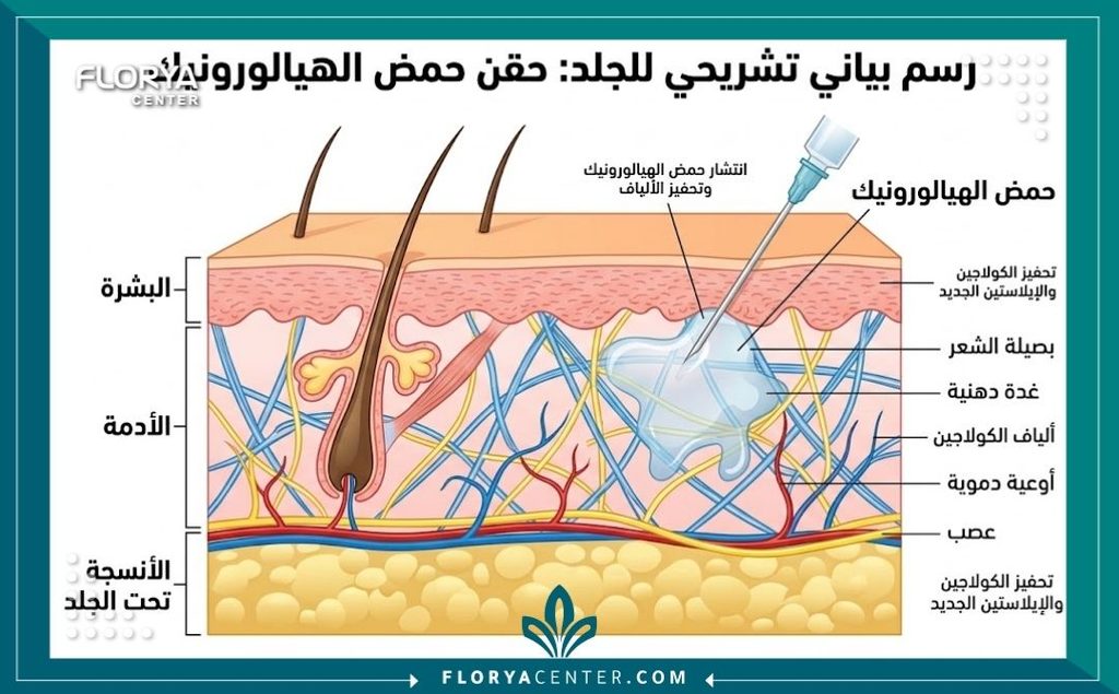 رسم توضيحي لطبقات الجلد يوضح آلية عمل تقنية البروفايلو لشد ترهلات الجسم وتحفيز الكولاجين.