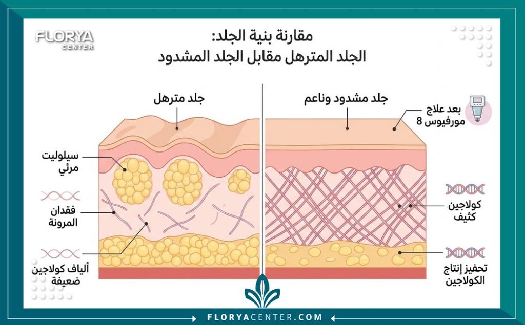 إنفوجرافيك يقارن بين الجلد المترهل والجلد المشدود بعد جلسات المورفيوس 8 لعلاج السيلوليت وتحسين ملمس البشرة.