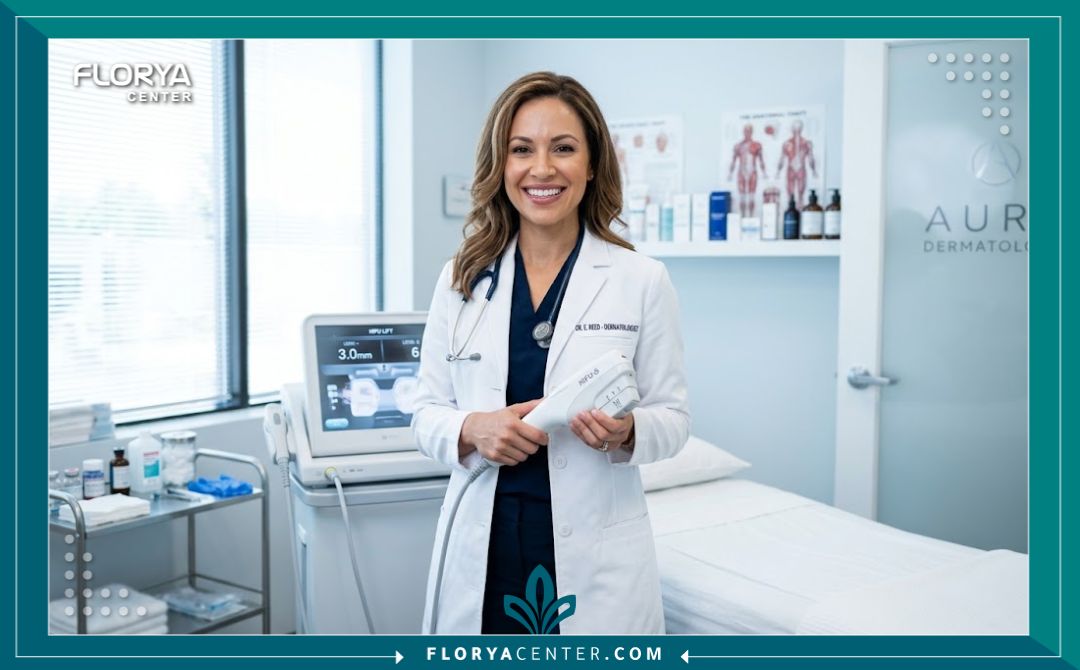 تقنية الهايفو لشد ترهلات الجسم 4 طبيبة متخصصة تمسك بجهاز الموجات فوق الصوتية داخل عيادة تجميل مجهزة لإجراء جلسات الهايفو لشد الجسم.