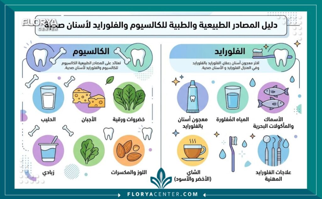 تقوية مينا الاسنان 3 إنفوجرافيك يوضح مصادر الكالسيوم والفلورايد الطبيعية والطبية لتقوية مينا الاسنان وتقليل الحساسية.