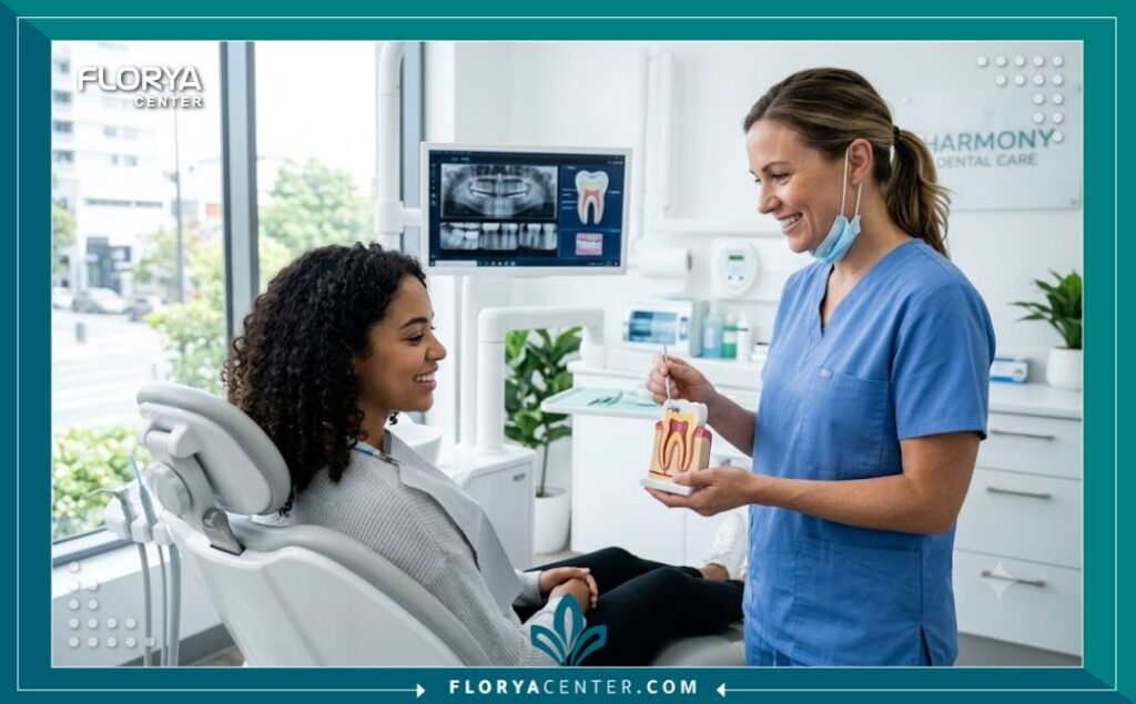 تقوية مينا الاسنان 4 طبيب أسنان في عيادة حديثة يقدم استشارة للمريض حول أفضل الطرق لعلاج تآكل مينا الأسنان.