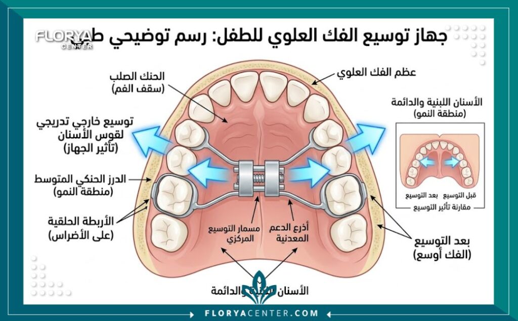 تقويم الاسنان المبكر 2 رسم توضيحي طبي لآلية عمل جهاز توسيع الفك العلوي للأطفال ضمن خطة التقويم المبكر.