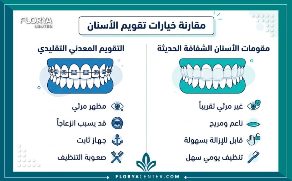 إنفوجرافيك يقارن بين التقويم الشفاف إنفزلاين الأمريكي والتقويم المعدني التقليدي من حيث الراحة والمظهر والفعالية.