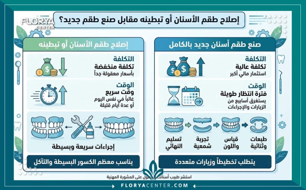 إنفوجرافيك يوضح الفرق بين تكلفة اصلاح طقم الاسنان وتوفير المال مقابل تكلفة صنع طقم جديد بالكامل.