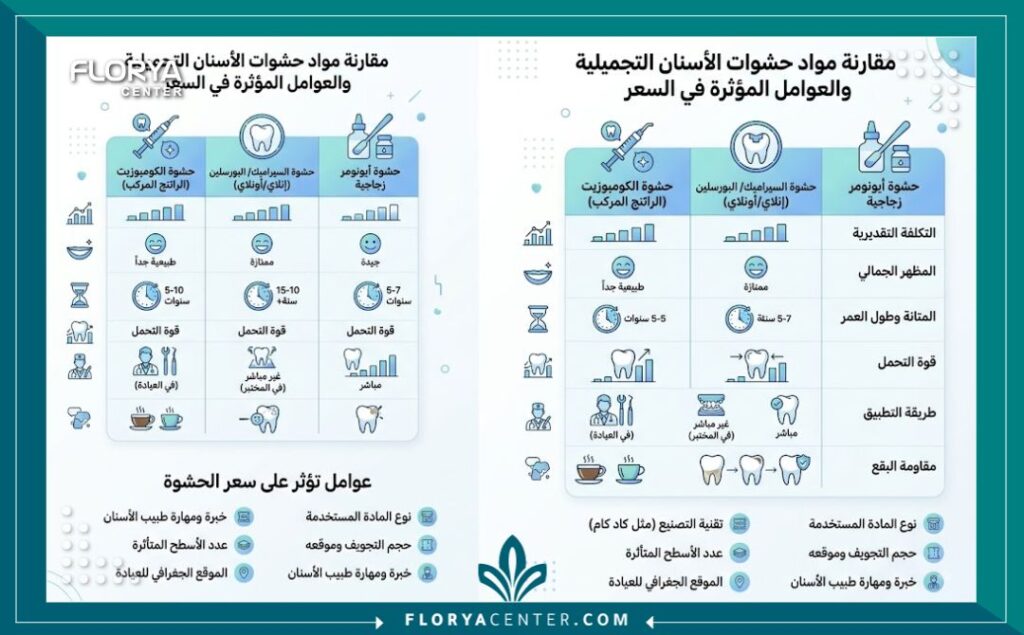انفوجرافيك يوضح مقارنة أسعار الحشوات التجميلية للأسنان وعوامل تحديد التكلفة في تركيا