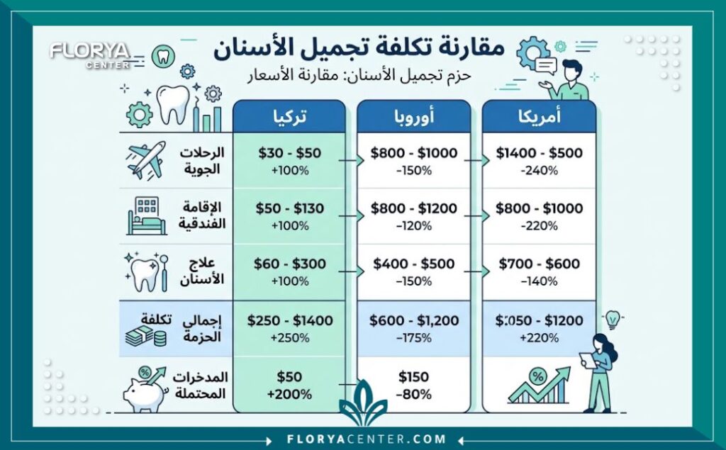 إنفوجرافيك مقارنة متوسط تكلفة تجميل الأسنان في تركيا مقابل الدول الأوروبية والأمريكية.