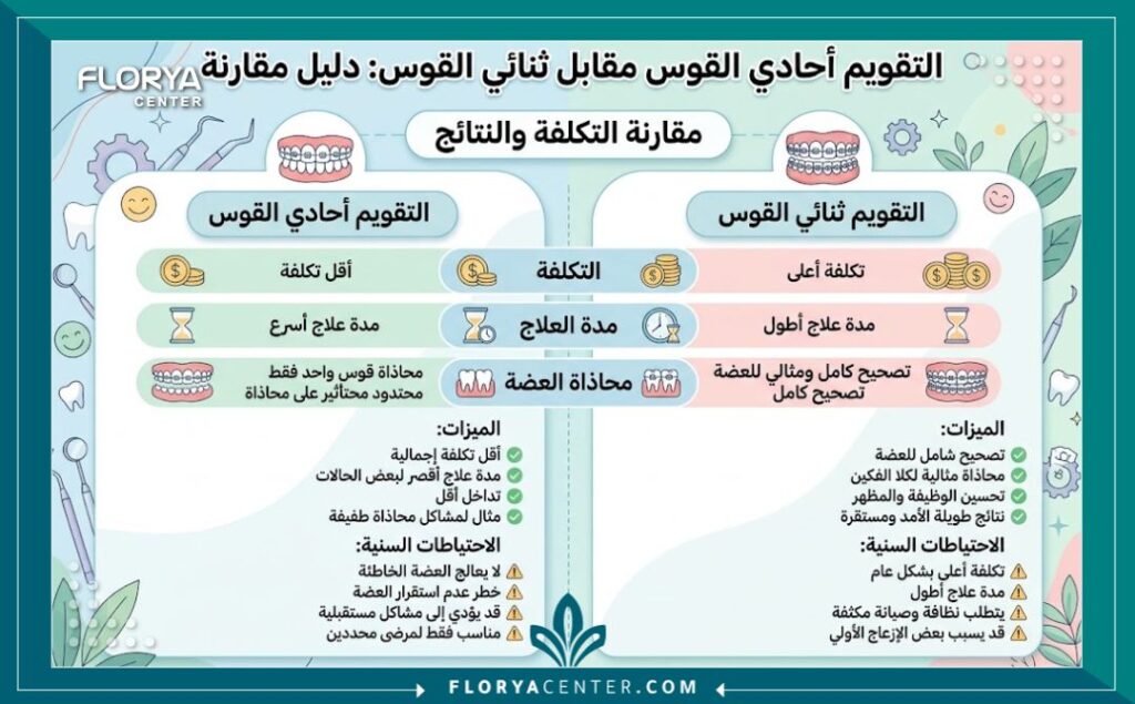تكلفة تقويم فك واحد في تركيا 3 إنفوجرافيك يوضح الفرق في التكلفة والنتائج بين تقويم فك واحد وتقويم الفكين الكامل