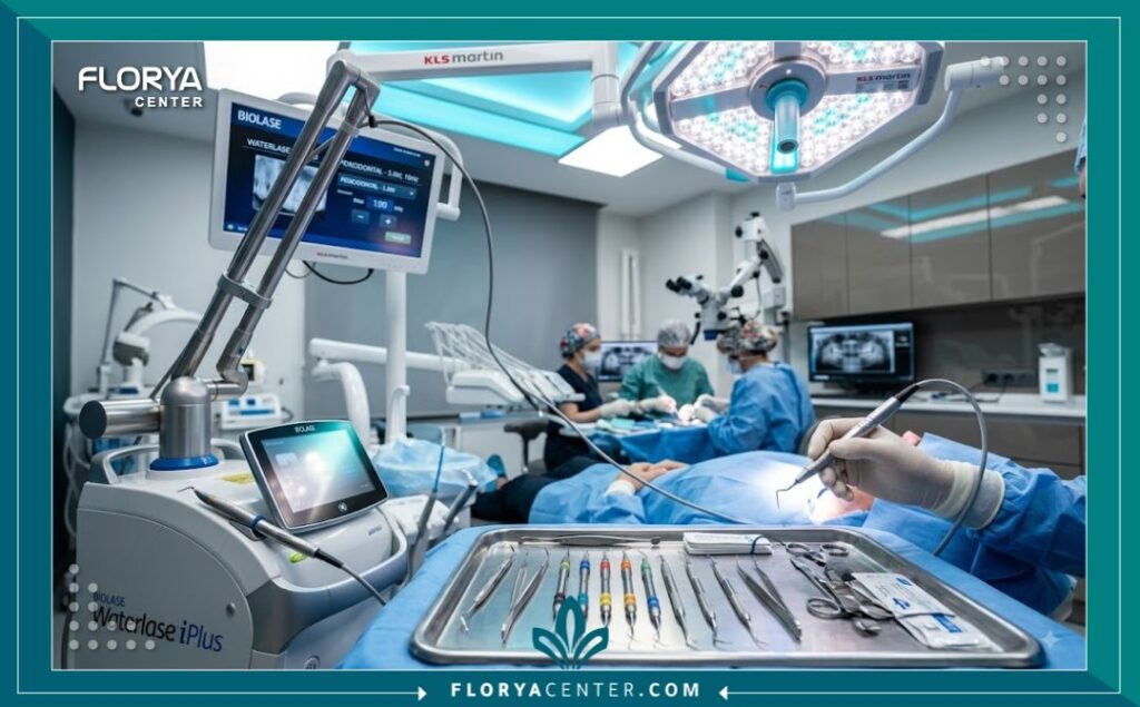 غرف عمليات جراحة وجري اللثة المعقمة والأجهزة الحديثة في مستشفيات الأسنان بتركيا