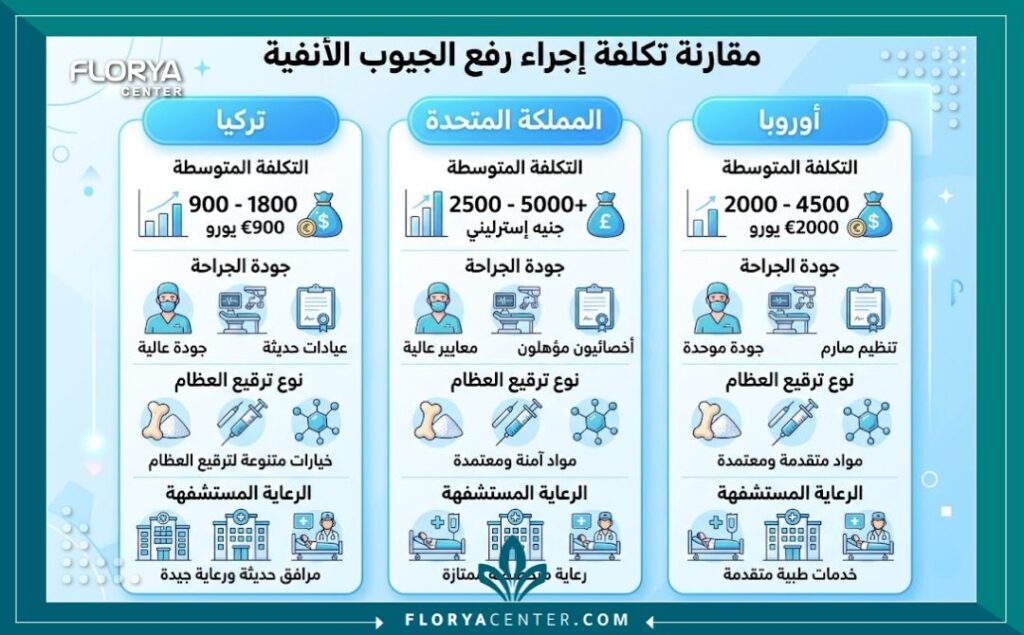 إنفوجرافيك يوضح مقارنة تكلفة رفع الجيب الفكي في تركيا مقارنة بالدول الأوروبية.