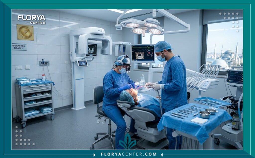غرفة جراحة الفك والأسنان المعقمة والمجهزة لأداء زراعة العظم ورفع الجيب الأنف في تركيا.