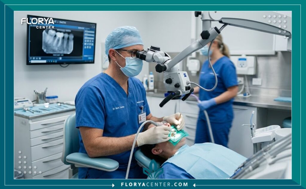 طبيب أسنان متخصص يستخدم الميكروسكوب في عيادة معقمة لضمان دقة علاج العصب الأمامي بدون ألم.