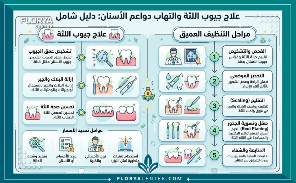إنفوجرافيك يوضح مراحل وعوامل تحديد تكلفة علاج جيوب اللثة والتنظيف العميق للأسنان.