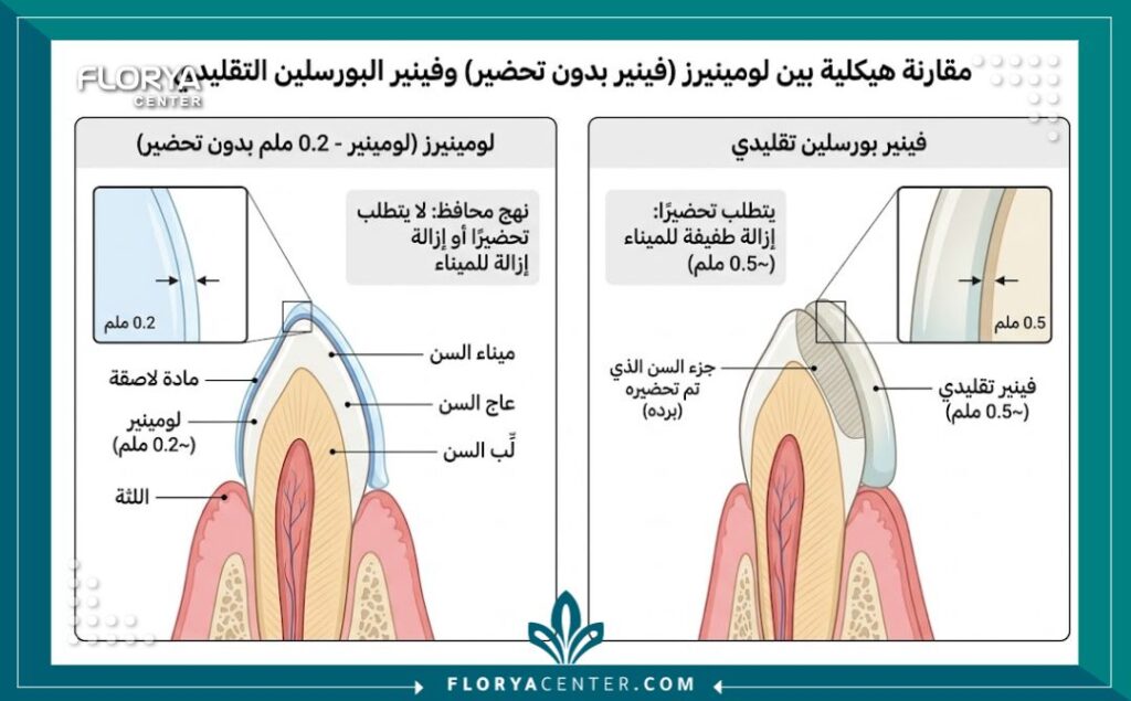 مخطط توضيحي للفرق بين لومينير الأسنان بدون برد والفينير التقليدي