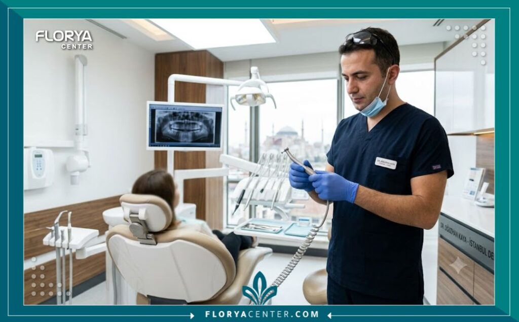 تلميع الاسنان في تركيا 4 طبيب أسنان محترف يجهز أدوات تلميع وتنظيف الأسنان في عيادة مجهزة بأحدث التقنيات في تركيا.