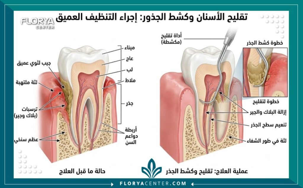 رسم توضيحي طبي لتركيب السن يوضح عملية كشط الجذور وعلاج الجيوب اللثوية لإزالة الجير المتراكم.