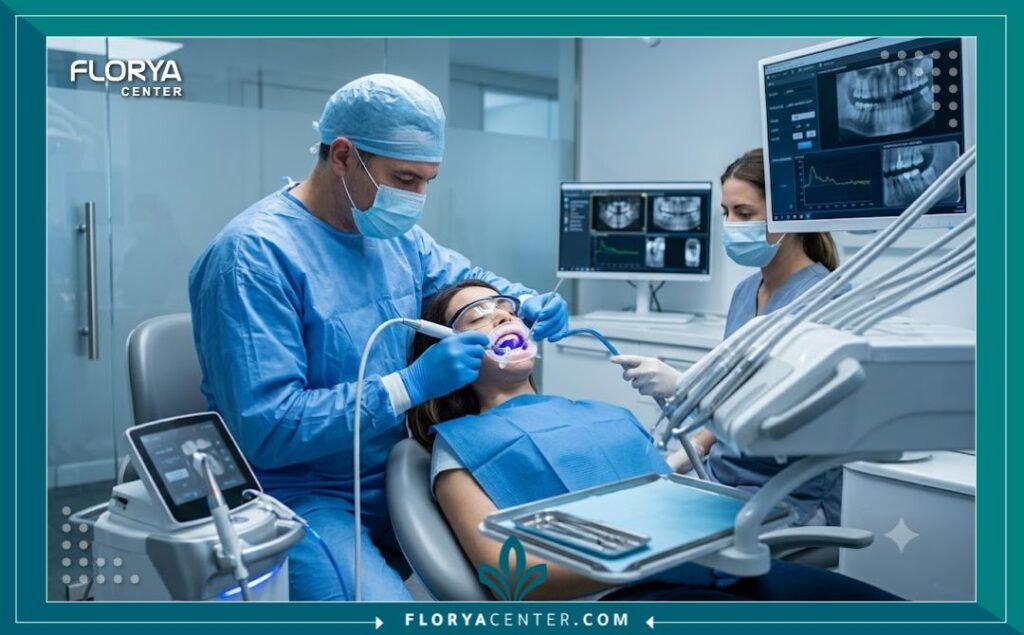 طبيب أسنان خبير يجري عملية إزالة تصبغات اللثة داخل عيادة أسنان مجهزة بأحدث التقنيات في تركيا.