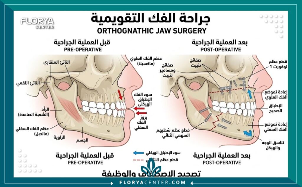 جراحة الفك التجميلية في تركيا 2 رسم توضيحي طبي لتشريح عظام الوجه يوضح كيفية تعديل الفكين العلوي والسفلي في جراحة الفك التقويمية.