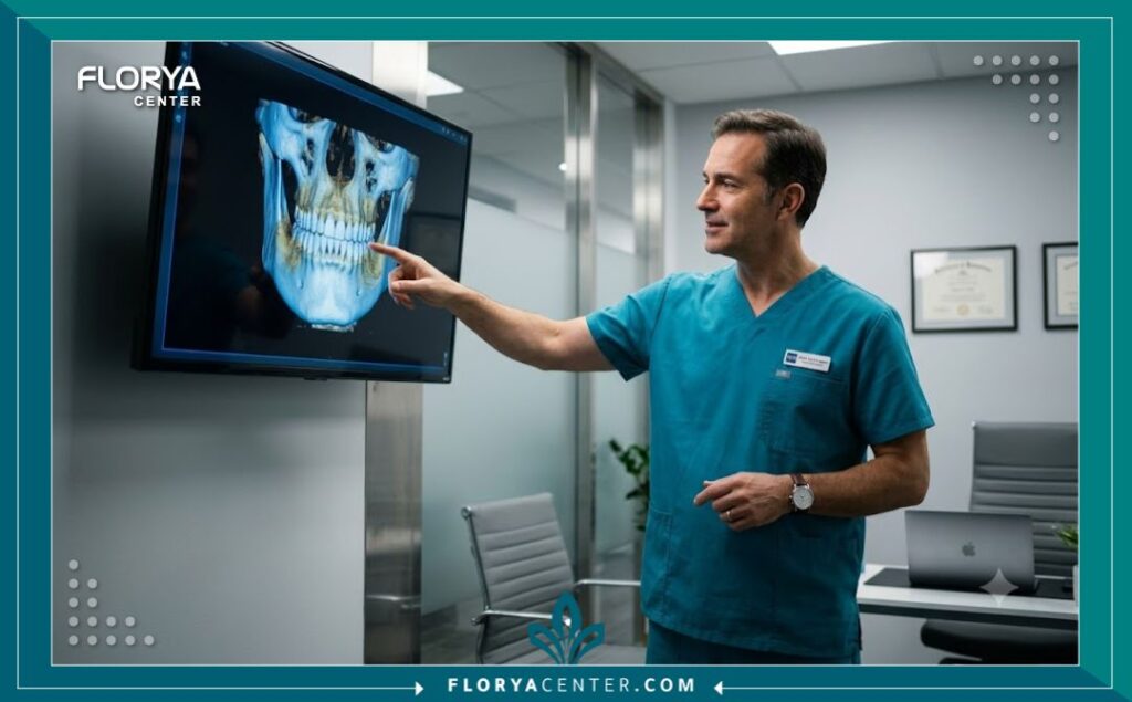 جراحة الفك التجميلية في تركيا 4 جراح وجه وفكين متخصص يناقش خطة جراحة الفك التجميلية باستخدام أشعة ثلاثية الأبعاد في مستشفى حديث بتركيا.