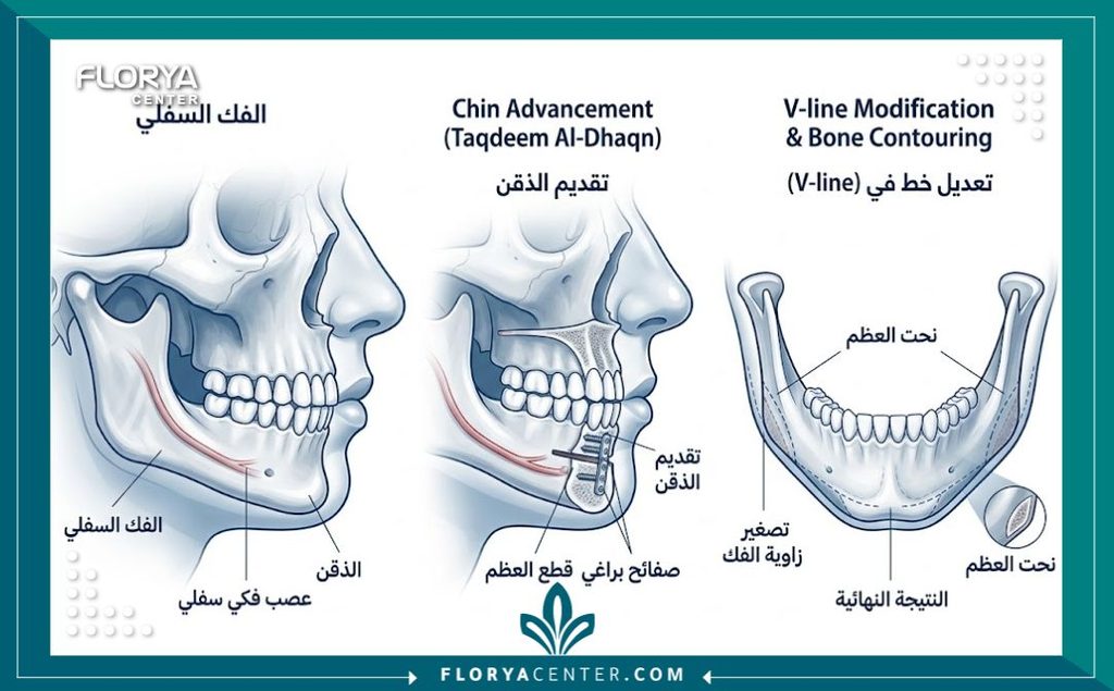 جراحة الفك السفلي التجميلية 2 رسم توضيحي طبي يوضح تشريح عظام الفك السفلي وكيفية إجراء جراحة الفك التجميلية وتقنية V-line.
