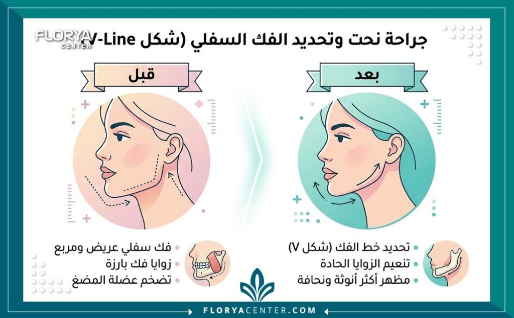 جراحة الفك السفلي التجميلية 3 إنفوجرافيك يوضح الفرق بين شكل الوجه قبل وبعد عملية تجميل الفك السفلي وتعديل بروز الذقن.