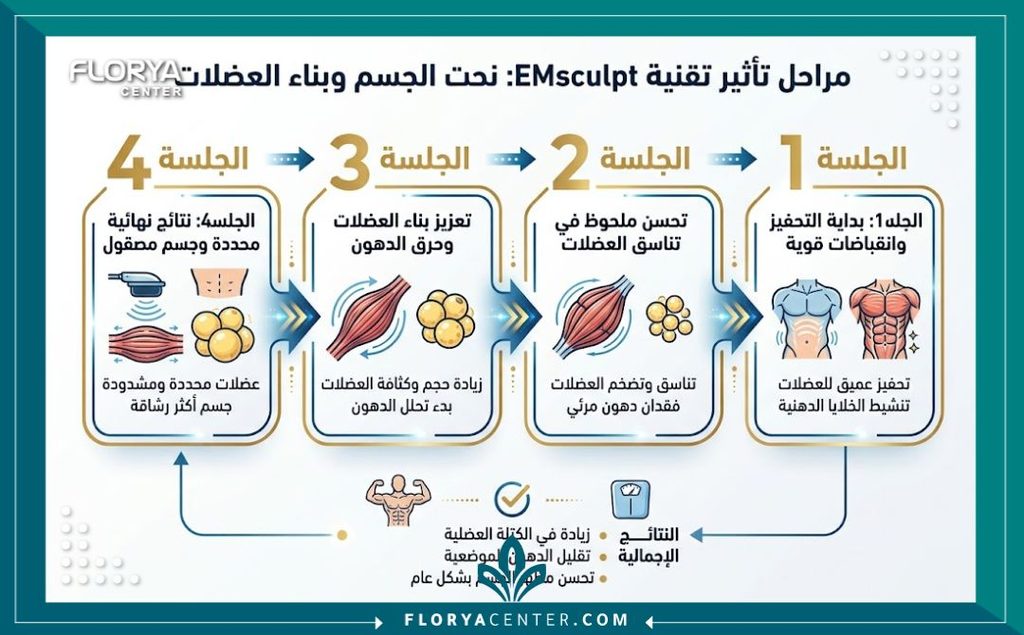 إنفوجرافيك يوضح مقارنة ونسبة حرق الدهون وزيادة الكتلة العضلية بعد جلسات جهاز الإم سكلبت لبناء العضلات والشد بدون مجهود رياضي.