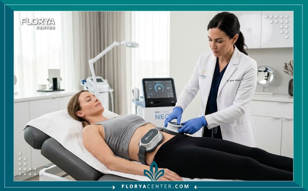 طبيب متخصص يقوم بتركيب جهاز الإم سكلبت على منطقة البطن لمريض داخل عيادة تجميل مجهزة بأحدث التقنيات.