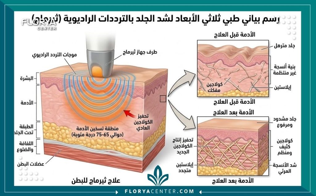 رسم توضيحي طبي يوضح كيف تعمل موجات جهاز ثيرماج لشد ترهلات البطن وتحفيز الكولاجين في طبقات الجلد.