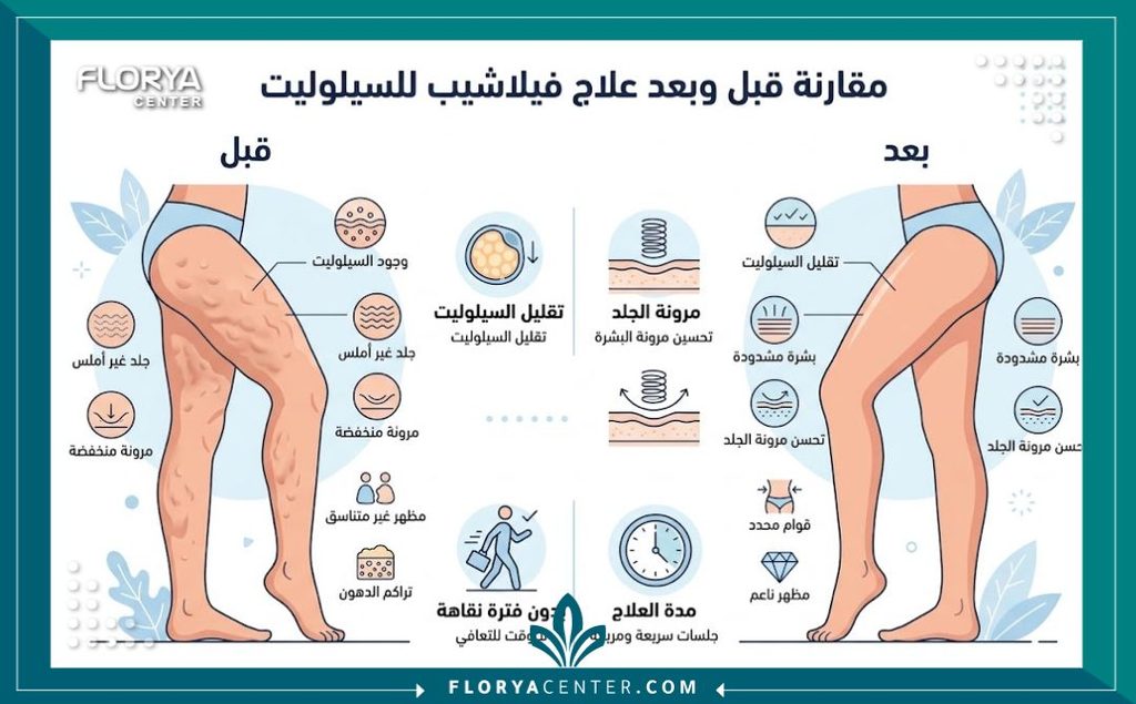 جهاز فيلاشيب لشد الجلد وعلاج السيلوليت 3 إنفوجرافيك طبي يقارن بين حالة الجلد قبل وبعد استخدام تقنية فيلاشيب، مع إبراز فوائد الجهاز في القضاء على السيلوليت.