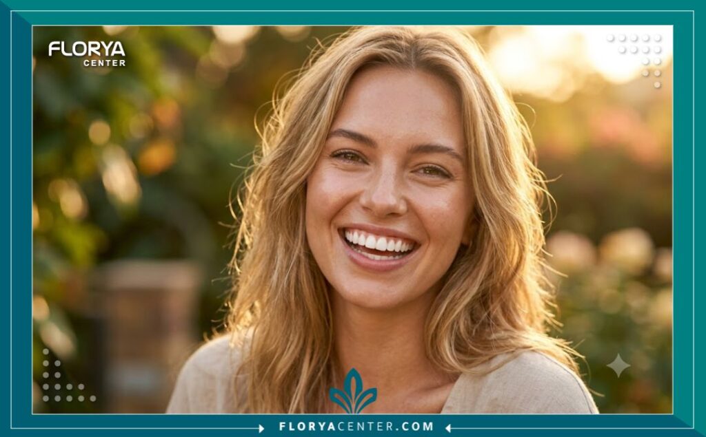 ابتسامة طبيعية وجذابة لامرأة تبرز جمال حشوات الأسنان الأمامية التجميلية التي لا يمكن تمييزها عن الأسنان الطبيعية.