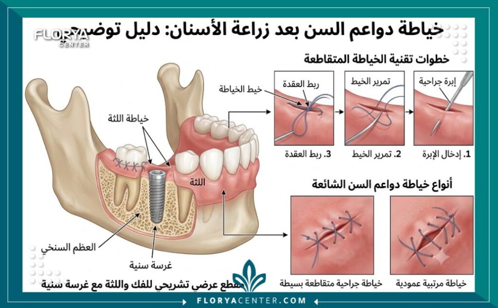 رسم توضيحي طبي دقيق يوضح كيفية خياطة اللثة فوق الغرسة لإغلاق الجرح بعد زراعة الأسنان.