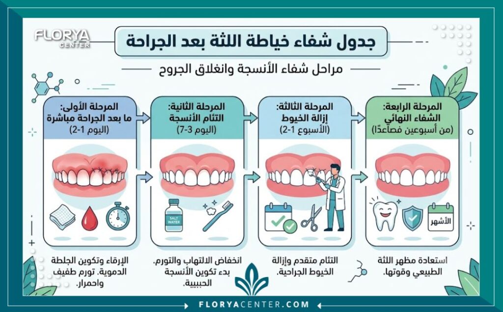 إنفوجرافيك يشرح مراحل التئام الجرح وفترة التعافي بعد عملية خياطة اللثة الجراحية.