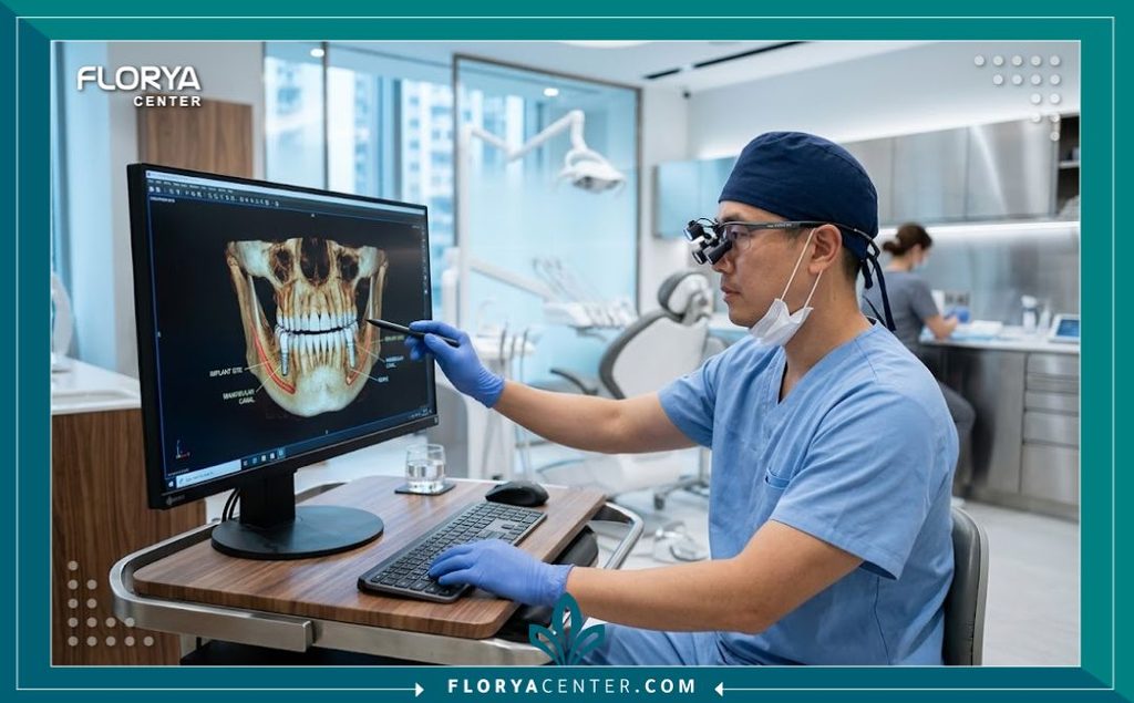 دعامات الزركون لزراعة الاسنان في تركيا 4 طبيب أسنان متخصص يقوم بتخطيط زراعة الأسنان بدعامات الزركون باستخدام تقنيات ثلاثية الأبعاد في عيادة متطورة في تركيا.