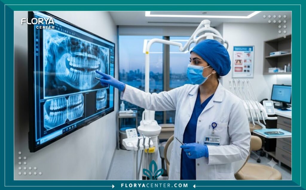 دكتورة اسنان عربية في تركيا تراجع صور الأشعة داخل غرفة علاج أسنان مجهزة بأحدث التقنيات الطبية.