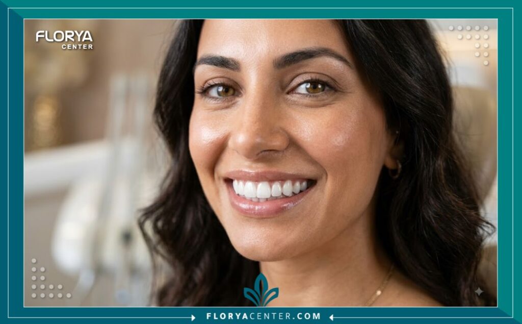 ابتسامة هوليود ناصعة البياض لمريضة بعد تجميل الأسنان لدى دكتورة أسنان متخصصة في تركيا.