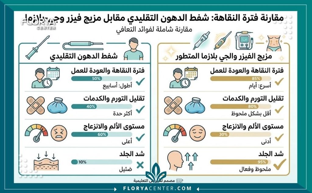 إنفوجرافيك طبي يقارن بين شفط الدهون التقليدي وفوائد دمج تقنية الفيزر مع الجي بلازما للشد لمنع الترهل لاحقاً.