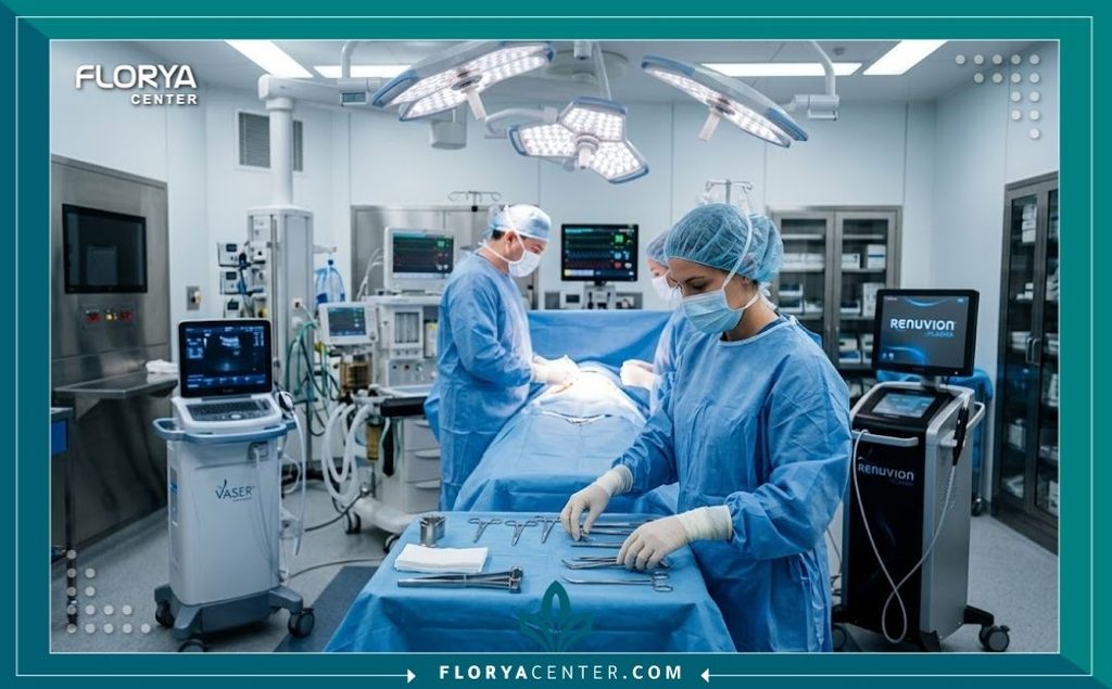 غرفة عمليات حديثة ومعقمة مجهزة بأحدث أجهزة دمج تقنية الفيزر مع الجي بلازما للشد في مستشفى جراحة تجميل متطور.