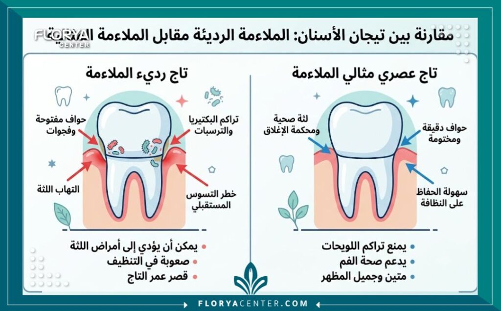 رائحة كريهة من تلبيسة الاسنان 3 إنفوجرافيك يقارن بين تلبيسة الأسنان سيئة التركيب والتلبيسة السليمة لمنع رائحة الفم الكريهة.