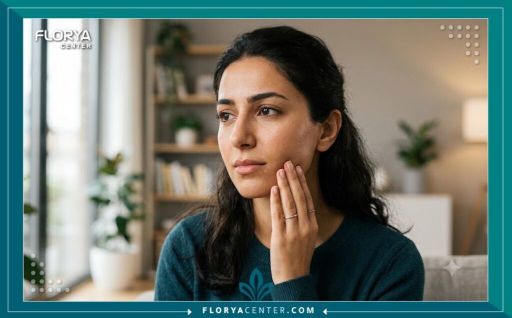 رائحة كريهة من تلبيسة الاسنان 5 فتاة تشعر بالانزعاج بسبب ظهور رائحة كريهة من تلبيسة الاسنان وتبحث عن علاج فعال.