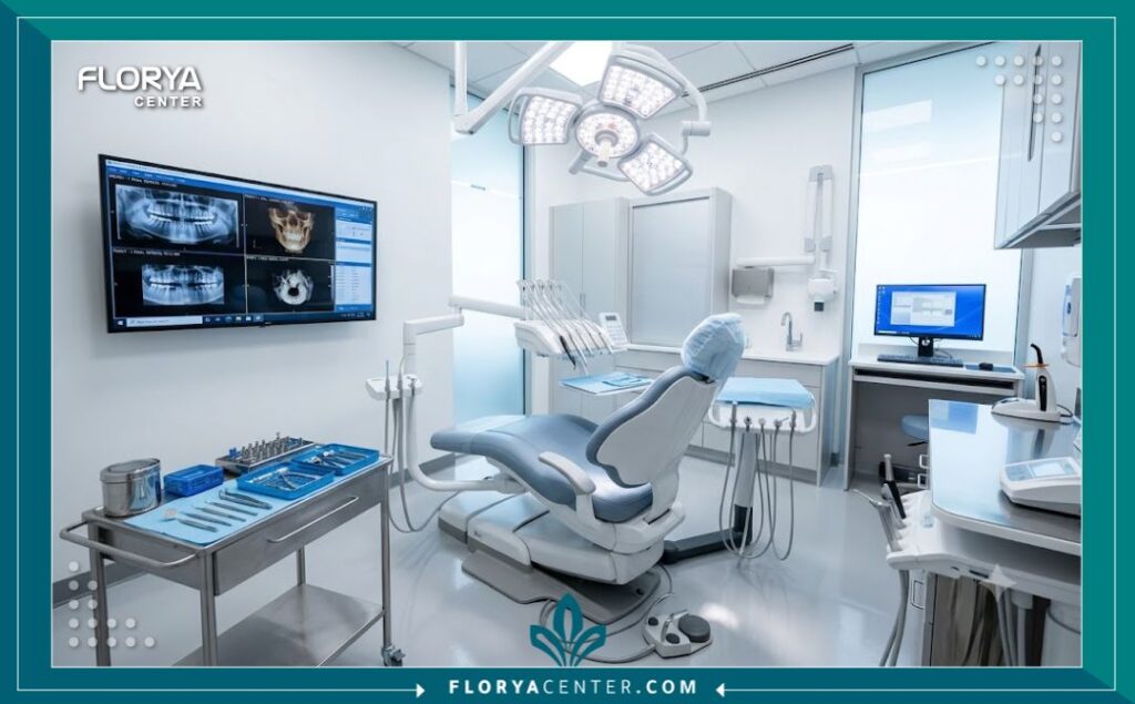 غرفة عمليات حديثة ومعقمة في عيادة أسنان، مجهزة بأحدث التقنيات لضمان نجاح العملية وتقليل مخاطر رفض الجسم لزراعة الاسنان.