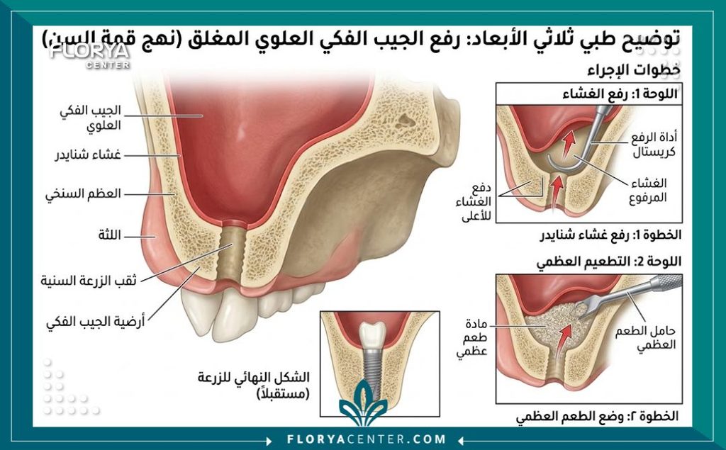 رسم توضيحي طبي ثلاثي الأبعاد يشرح تشريح وتقنية رفع الجيب الفكي المغلق عبر ثقب زراعة الأسنان لزيادة كثافة العظم.