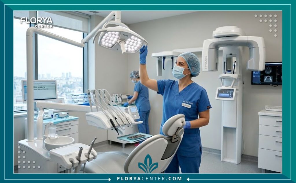 طبيب أسنان محترف في غرفة عمليات مجهزة بأحدث التقنيات لإجراء زراعة الاسنان المصغرة في تركيا.